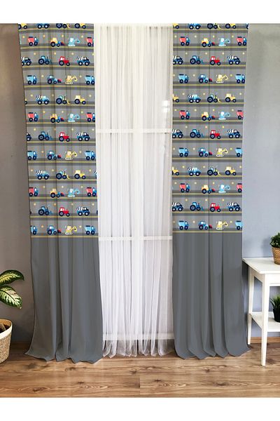 Lolla Tractor Patterned Background Curtain 1487
