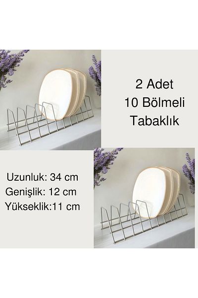 EceAksesuar 2-Piece Plate Rack - Pot Lid Organizer - Plate Dryer - 10 Compartments Gray Stand