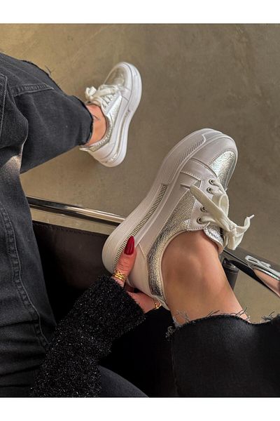 diclepolat White Silver Women's Sneakers - Lola with Thick Sole and Stone Detail