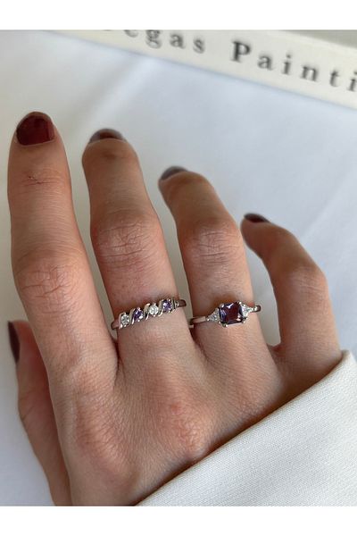 ringbox Silver Colored Set of 2 Purple Stone Rings