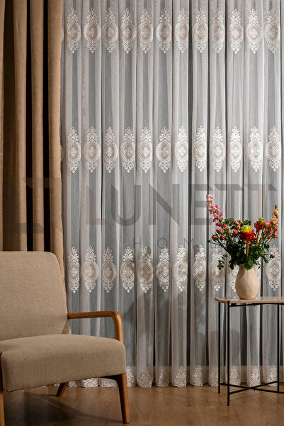 LUNETT HOME EKRU RENK DANTELLERİ BEJ AZRA DESEN SIK PİLELİ 1X3  TÜL PERDE