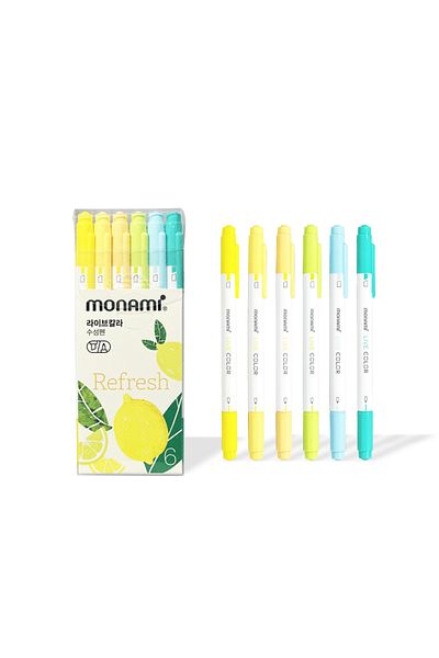Monami Live Color Waterborne Double Ended Highlighter Set Refresh 6 Colors