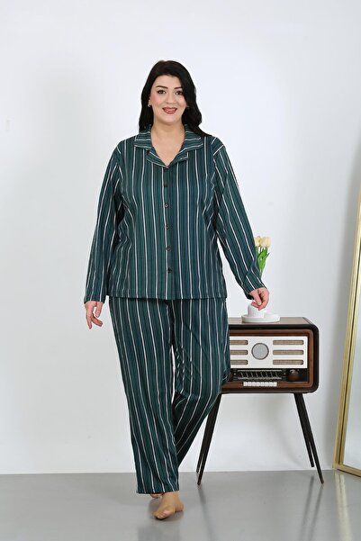 Akbeniz Women's Plus Size Cotton Pocket Buttoned Petrol Pajama Suit 202504