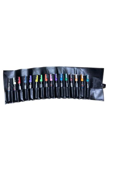 Uni Posca Marker - 0.9-1.3 mm Painting Marker, Set of 16 Rolls Leather Bag