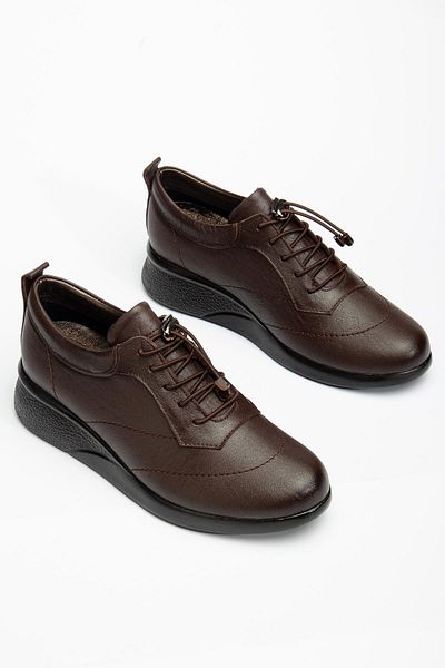 Dilimler Ayakkabı Genuine Leather Orthopedic Women's Casual Shoes Brown Wedge Heels Elastic Laced