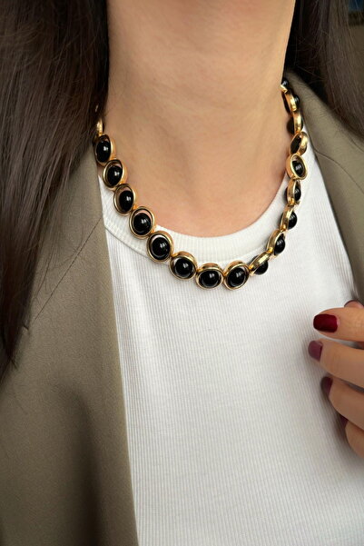 DEMOKAN Women's Necklace Special Series Brand Model Gold Frame Black Stone No...