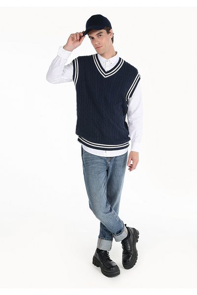 Colin's Pulover pentru bărbați, albastru bleumarin, cu decolteu în V, jacquard, cu croiala normală Cl 1064835