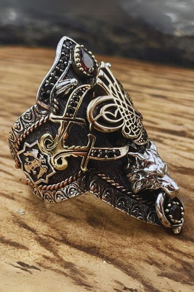 Diriliş Takı Osmanlı Tuğrası Bozkurt İşlemeli Gümüş Okçu Yüzüğü