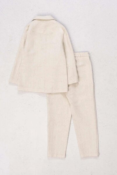 Riccotarz Jachetă pentru băieți, cu rever dublu, cu buzunare duble, blazer din in, tricou pieptănat, cu fundul crem, costum de sus