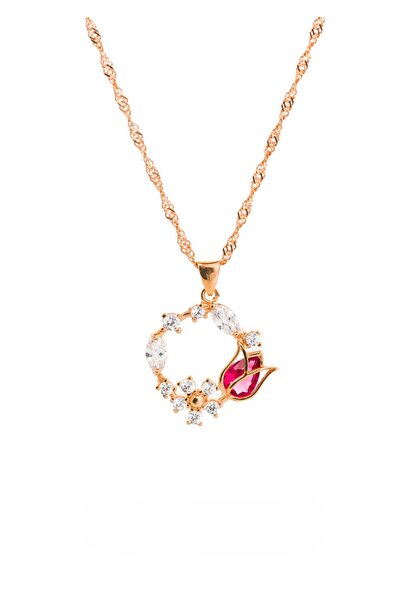 Sunsedra Damla Taşlı Lale Çiçek Gümüş Kolye