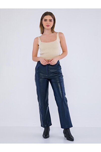 Basics&More Women's Dark Navy Blue Genuine Lambskin Leather Trousers with Sid...