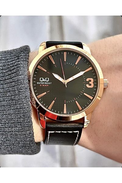 Q&Q Men's Black Stitched Leather - Asymmetrical Rose Metallic Dial Analog Wristwatch