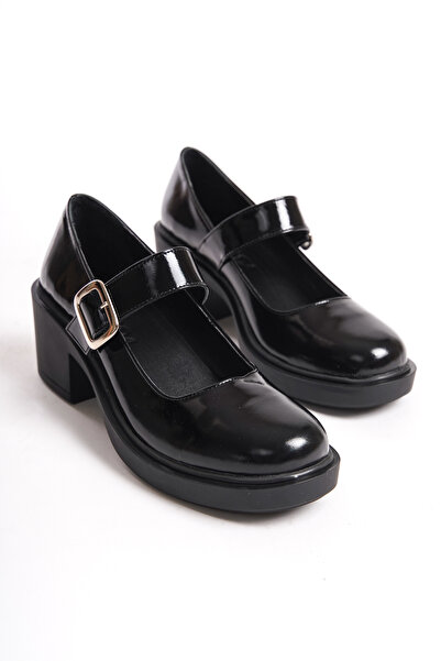 GRADA Pantofi de damă cu toc Mary Jane din piele naturală, neagră, lacuită