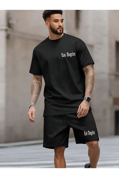 DEEPSENCE طقم شورت قطني أسود للرجال من لوس أنجلوس