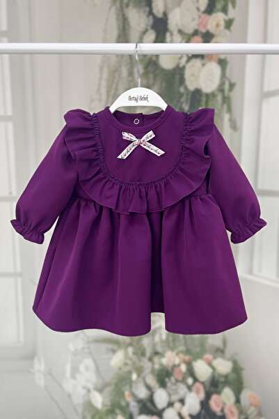 Bertuğ Bebek Fırfır Ve Kurdele Detaylı Mor Krep Kız Çocuk Bebek Elbise