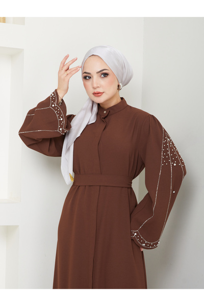 MY QILAM Number 10 Fashion Hijab Clothing Women's Sleeves Rhinestone Ferace Dress Brown 10Nmr4003