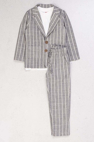 Riccotarz Boy's Double Breasted Lapel Cut Striped Linen Blazer Jacket Combed Cotton T-Shirt Smoked Linen Bottom Top Suit