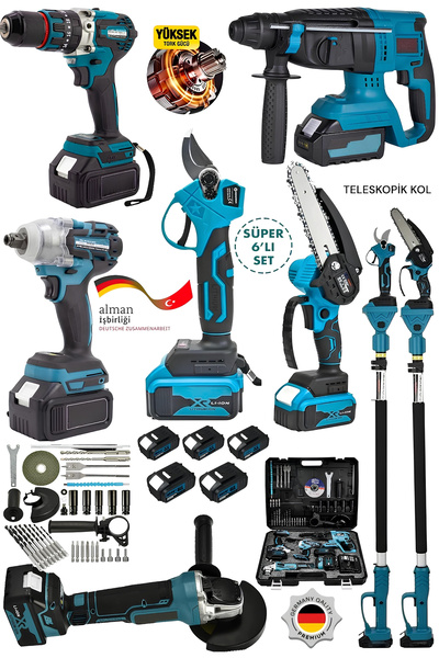 OG GERMANY STEEL 6'Set 5 Akülü-Teleskopik-Budama Makası-Yağlamalı Testere-Hil...