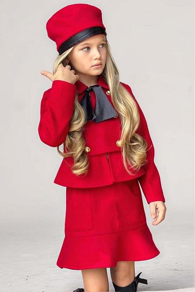 Riccotarz Red Stamp Girls' Set - Asymmetrical Cutout, Button Detail Jacket and Ruffle Hem