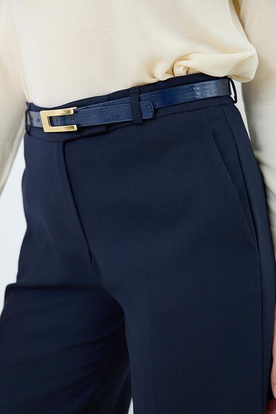 Setre Navy Blue Belt Detailed High Waist Relaxed Fit Trousers