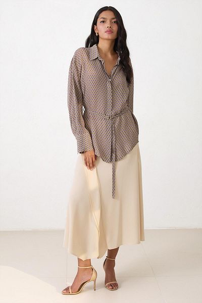 Setre Purple Tie Detailed Long Sleeve Patterned Shirt