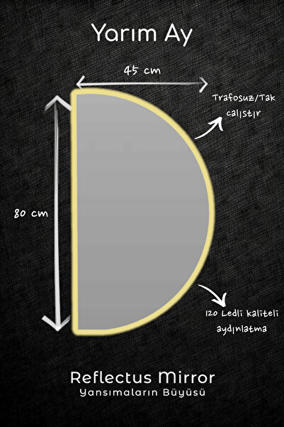 USART BANYO Reflectus | Yarım Ay Günışığı Led Ayna 80*45 Cm / Dekoratif Banyo Led Aydınlatmalı Ayna