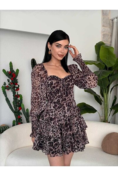 MODA DURAĞI Leopar Gloplu Tasarım Şifon Mini Elbise