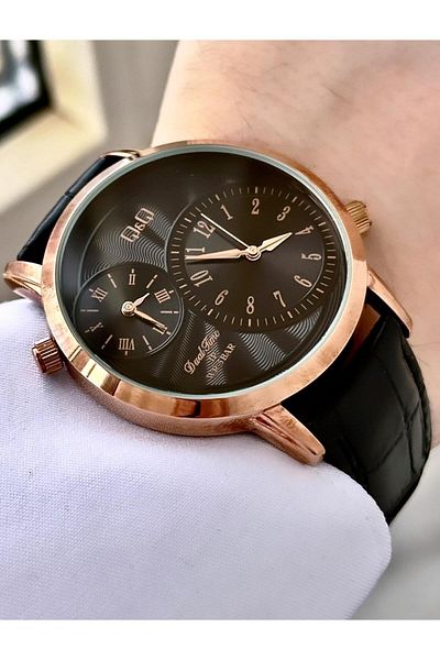 Q&Q Rose Gold Men's Watch - Black Leather, Cord and Dial Handle, Double Clock Feature