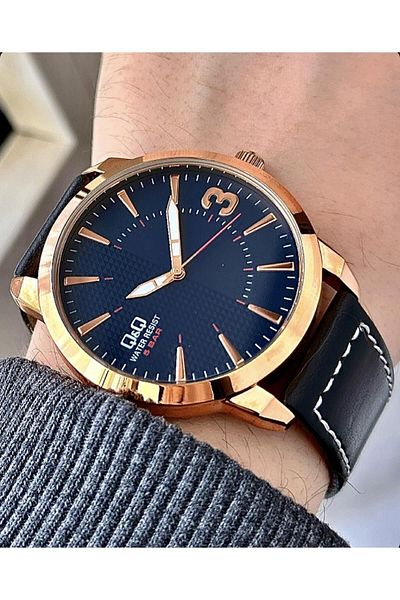 Q&Q Men's Black Leather - Rose Metallic Wristwatch with Asymmetric Dial