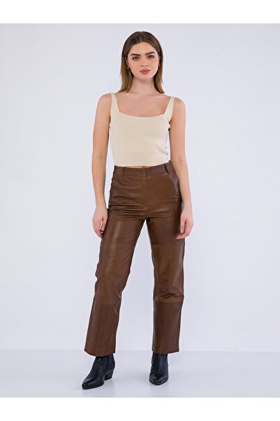 Basics&More Women's Chestnut Genuine Lambskin Leather Trousers with Side Pock...
