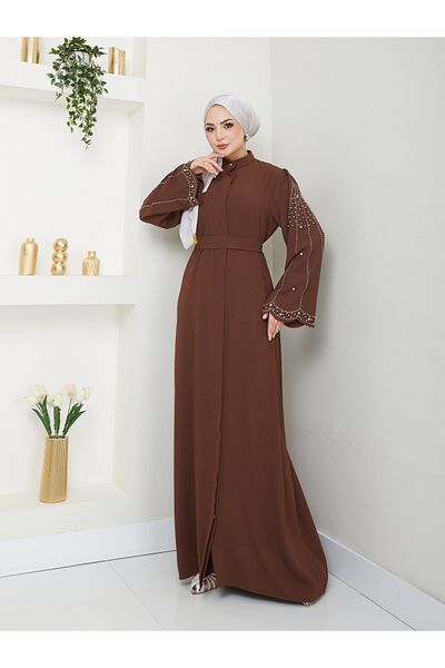 MY QILAM Number 10 Fashion Hijab Clothing Women's Sleeves Rhinestone Ferace Dress Brown 10Nmr4003