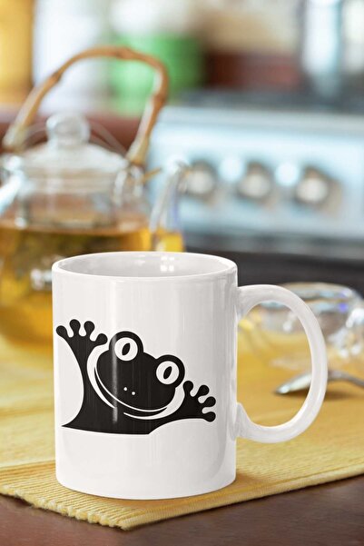 Piktorya كوب أبيض مطبوع عليه صورة ظلية من Happy Frog هدية عصرية