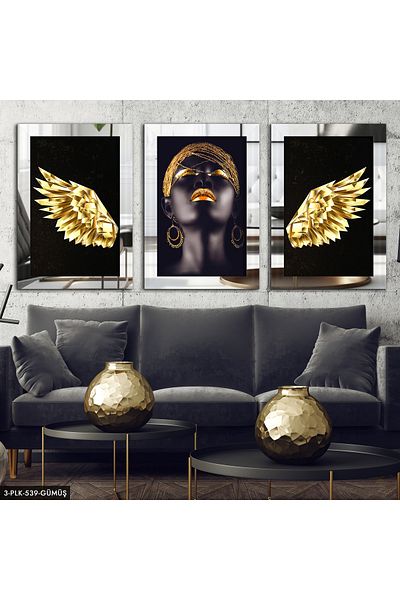 Evinemoda Aripă de înger femeie africană argintie 3 piese pictură în oglindă din plexiglas