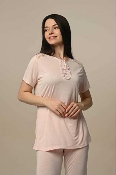 Genel Markalar Kadın Pudra Yandan Bağlamalı Lohusa Hamile Sabahlıklı 3'lü Pijama Takım Set