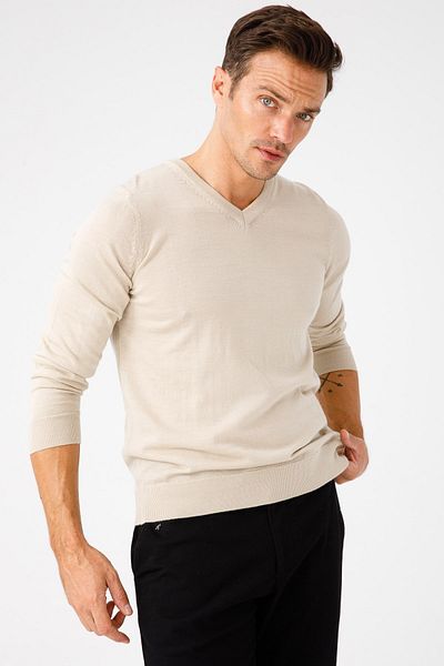 Desen Triko Ανδρικό Basic V Neck Slim Πλεκτό Πουλόβερ Μπεζ