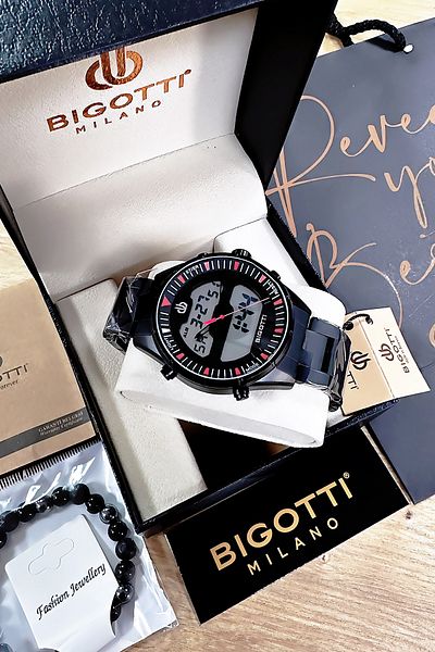 Bigotti 5 Atm Waterproof Men's Wristwatch - Black Color, Steel Band, Gift Bracelet Bme2021C4
