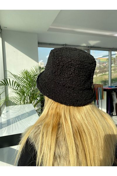 Mood Lab Women's Black Curly Plush Wool Bucket Hat