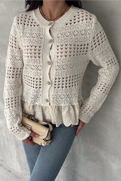 FEMELLE Women's Beige Standard Size Lace Detailed Openwork Knitwear Cardigan