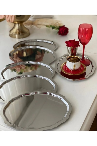 VENON 1Pc Oval Wavy Silver Presentation Tray Coffee Tea Tray Presentation Elegance Decorative Serving Tray