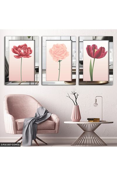 Evinemoda Desen Floral Argintiu 3 Piese Plexi Oglindă Pictură