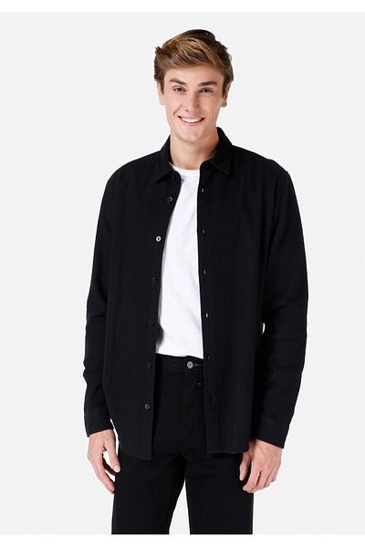 Colin's Cămașă cu mânecă lungă, neagră, cu gât, cu formă regulată