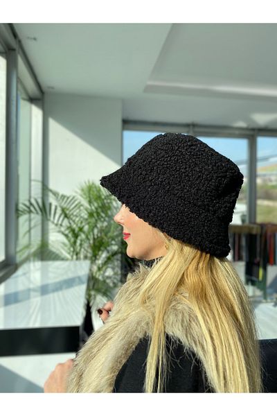 Mood Lab Women's Black Curly Plush Wool Bucket Hat