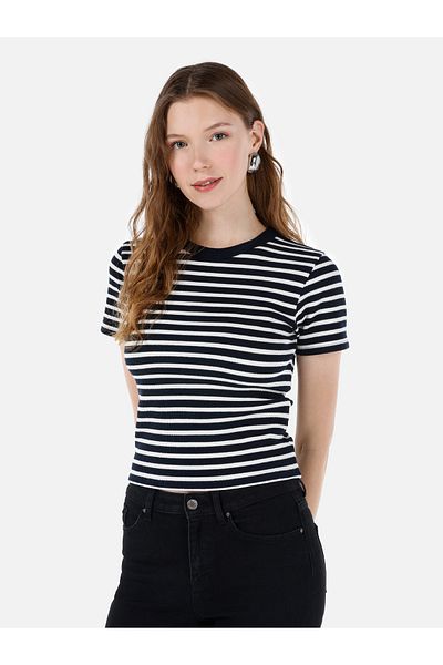 Colin's Slim Fit Crew Neck Striped Navy Blue Women's Short Sleeve T-Shirt