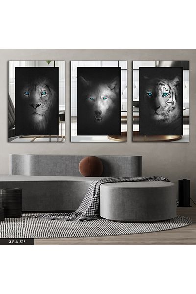 Evinemoda Lion Tiger Wolf Silver 3 piese de pictură cu oglindă din plexiglas