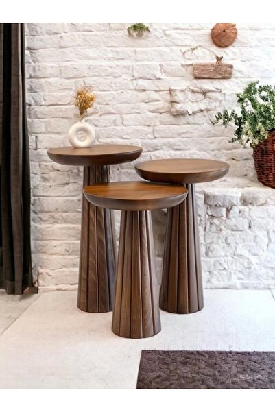 Simillo Home&Living WOOD Wooden 3’lü Set Fitilli Mantar Yan Sehpa Modern Tik ...