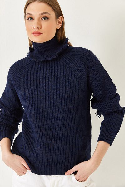 Bianco Lucci Women's Neck and Sleeve Fringed Knitwear Sweater 20246912
