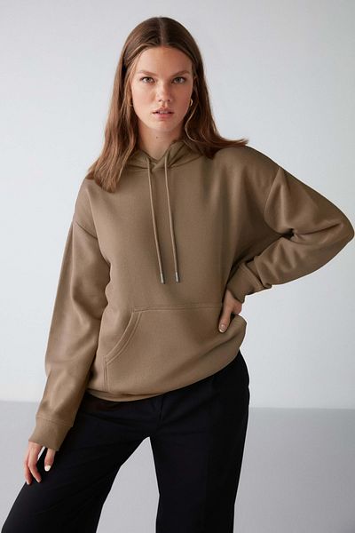 GRIMELANGE Adel Women's Organic Cotton Fleece Inside Soft Relaxed Kangaroo Pocket Hooded Mink Sweatshirt