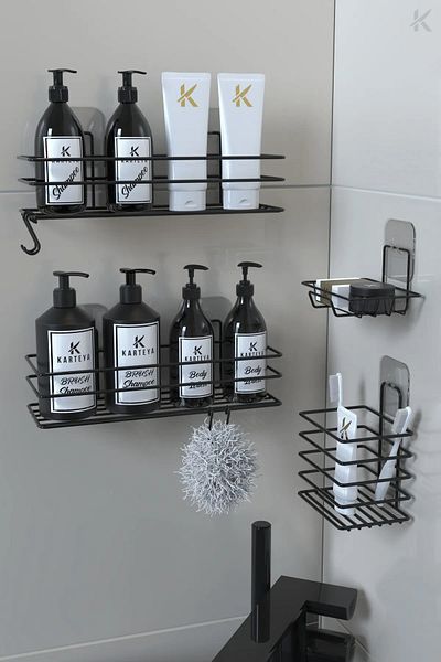KapKacakAl Set de 4 suporturi de baie din metal negru cu adeziv inoxidabil cu cârlige Suport pentru duș Suport pentru săpun