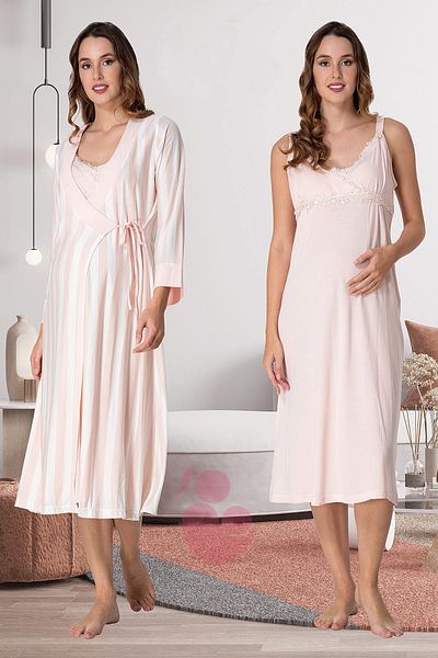 Pelin Women's Powder Patterned Maternity Nightgown-Morning Dress Set