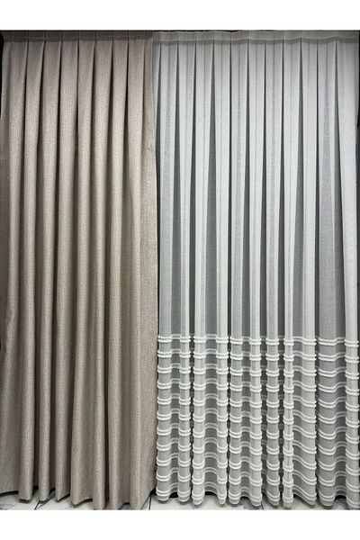 Taç Dizar Light Silvery Beige Background Curtain 1/3 Close Pleat